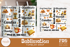 Fall tumbler wrap bundle with 10 cozy autumn sublimation PNG designs featuring pumpkins, leaves, quotes, harvest elements perfect for sublimation printing on 20oz tumblers.