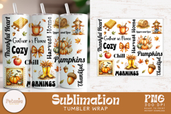 Fall tumbler wrap bundle with 10 cozy autumn sublimation PNG designs featuring pumpkins, leaves, quotes, harvest elements perfect for sublimation printing on 20oz tumblers.