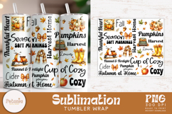 Fall tumbler wrap bundle with 10 cozy autumn sublimation PNG designs featuring pumpkins, leaves, quotes, harvest elements perfect for sublimation printing on 20oz tumblers.