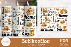 Fall tumbler wrap bundle with 10 cozy autumn sublimation PNG designs featuring pumpkins, leaves, quotes, harvest elements perfect for sublimation printing on 20oz tumblers.