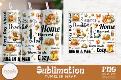 Fall tumbler wrap bundle with 10 cozy autumn sublimation PNG designs featuring pumpkins, leaves, quotes, harvest elements perfect for sublimation printing on 20oz tumblers.