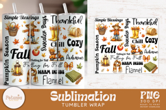 Fall tumbler wrap bundle with 10 cozy autumn sublimation PNG designs featuring pumpkins, leaves, quotes, harvest elements perfect for sublimation printing on 20oz tumblers.