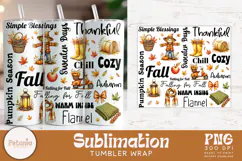 Fall tumbler wrap bundle with 10 cozy autumn sublimation PNG designs featuring pumpkins, leaves, quotes, harvest elements perfect for sublimation printing on 20oz tumblers.