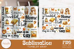 Fall tumbler wrap bundle with 10 cozy autumn sublimation PNG designs featuring pumpkins, leaves, quotes, harvest elements perfect for sublimation printing on 20oz tumblers.