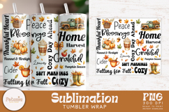 Fall tumbler wrap bundle with 10 cozy autumn sublimation PNG designs featuring pumpkins, leaves, quotes, harvest elements perfect for sublimation printing on 20oz tumblers.