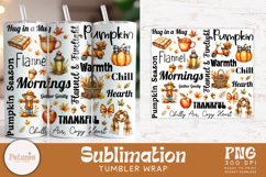 Fall tumbler wrap bundle with 10 cozy autumn sublimation PNG designs featuring pumpkins, leaves, quotes, harvest elements perfect for sublimation printing on 20oz tumblers.