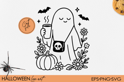 Cozy Ghost with Coffee Clipart Fall Halloween Ghost SVG, PNG Product Image 1