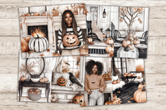 GlamArtZhanna, Cozy Halloween Junk Journal Paper, Spooky Junk Journal Pages, Creepy Collage Sheet, Creepy Scrapbook Paper, African American Girl Junk Journal Kit, Cute Halloween Journal Card, Girl With Pumpkin Journaling Pages, Cozy Halloween Ephemera, Wi