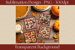 Set of four fall patchwork quilt-style coaster PNG designs featuring pumpkins, autumn leaves, sunflowers, and a whimsical scarecrow in warm farmhouse colors for sublimation and seasonal home décor.