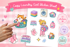 Cozy Laundry Girl Sticker Sheet PNG, Cute Laundry Day Set. Product Image 1