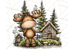 Rustic Moose Forest Clipart PNG, Cozy Woodland Cabin Clipart Product Image 3