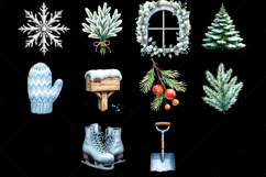 Nordic Winter Cottage, Winter Cabin Watercolor, Snowy Wooden House, Frosty Pine Branches, Icy 