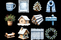 Nordic Winter Cottage, Winter Cabin Watercolor, Snowy Wooden House, Frosty Pine Branches, Icy 