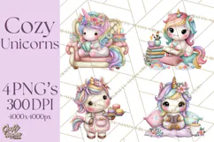 Cute Cozy Unicorn PNG Clipart for Reading, Tea and Relaxing Product Image 1
