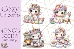 Cute Cozy Unicorn PNG Clipart for Reading, Tea and Relaxing Product Image 1