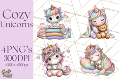 Cute Cozy Unicorn PNG Clipart for Reading, Tea and Relaxing Product Image 1