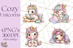 Cute Cozy Unicorn PNG Clipart for Reading, Tea and Relaxing Product Image 1