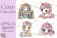 Cute Cozy Unicorn PNG Clipart for Reading, Tea and Relaxing Product Image 1