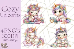 Cute Cozy Unicorn PNG Clipart for Reading, Tea and Relaxing Product Image 1