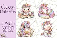Cute Cozy Unicorn PNG Clipart for Reading, Tea and Relaxing Product Image 1