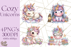 Cute Cozy Unicorn PNG Clipart for Reading, Tea and Relaxing Product Image 1