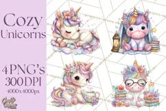 Cute Cozy Unicorn PNG Clipart for Reading, Tea and Relaxing Product Image 1