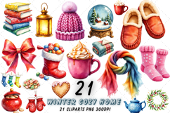 Cozy Winter Home Clipart Bundle, Vibrant Watercolor Glow PNG