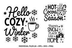 Cozy Winter SVG Bundle with hot cocoa and snow quotes – includes Hello Cozy Winter, Hot Cocoa Season, and There’s Snow Place Like Home designs, perfect for Cricut and Silhouette projects.