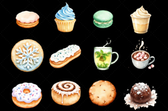 Winter Treats Clipart, Cozy Winter Snacks, Watercolor Cookies PNG, Winter Cupcake Art, Cinnamon Roll Clipart, Gingerbread Cookie PNG, Snowflake Cookie Watercolor, Donut Winter Clipart, Brownie Watercolor PNG, Sponge Cake Slice, Croissant Winter Clipart, W