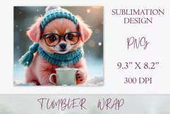 Discover a cozy winter tumbler wrap featuring a cute Puppy and coffee cup on a snowy background. Perfect sublimation design for coffee lovers and fans of cute animals.