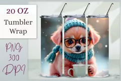 Discover a cozy winter tumbler wrap featuring a cute Puppy and coffee cup on a snowy background. Perfect sublimation design for coffee lovers and fans of cute animals.