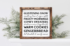 Red sign mockup showing glistening snow and cozy winter words in farmhouse stencil layout for wood signs.