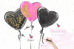 Heart Balloon Clipart, png, black, pink, gold glitter, 105 Product Image 2