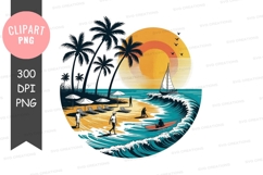 Tropical beach sunset with surfers Product Image 1