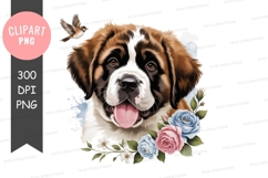 Playful st. bernard puppy with flowers and bird clipart png Product Image 1