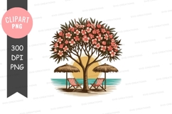 Tropical beach scene with flowering tree Product Image 1