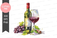 Wine bottle and glass with grapes clipart png Product Image 1