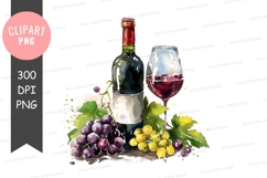 Wine bottle and glass with grapes clipart png Product Image 1