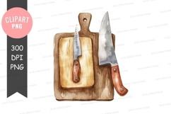 Kitchen knives on wooden cutting board clipart png Product Image 1
