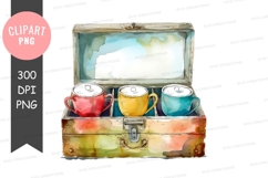 Colorful tea set in vintage suitcase clipart png Product Image 1