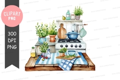 Cozy kitchen with herbs and utensils clipart png Product Image 1