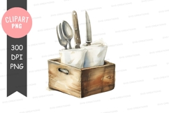 Kitchen utensils in wooden box clipart png Product Image 1