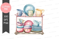 Colorful kitchenware on dish rack clipart png Product Image 1