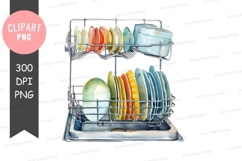 Dish rack with colorful dishes clipart png Product Image 1