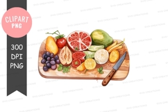 Assorted fruits on a cutting board clipart png Product Image 1