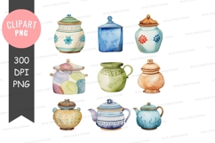 Assorted ceramic jars and teapots clipart png Product Image 1