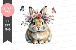 Cute bunny with floral crown and butterflies clipart png Product Image 1