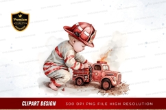 Little firefighter playing with toy truck Product Image 1