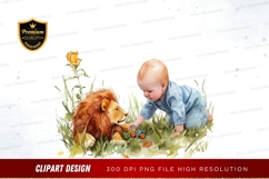 Baby and lion in a meadow Product Image 1