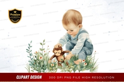 Baby playing with monkey toy in nature Product Image 1